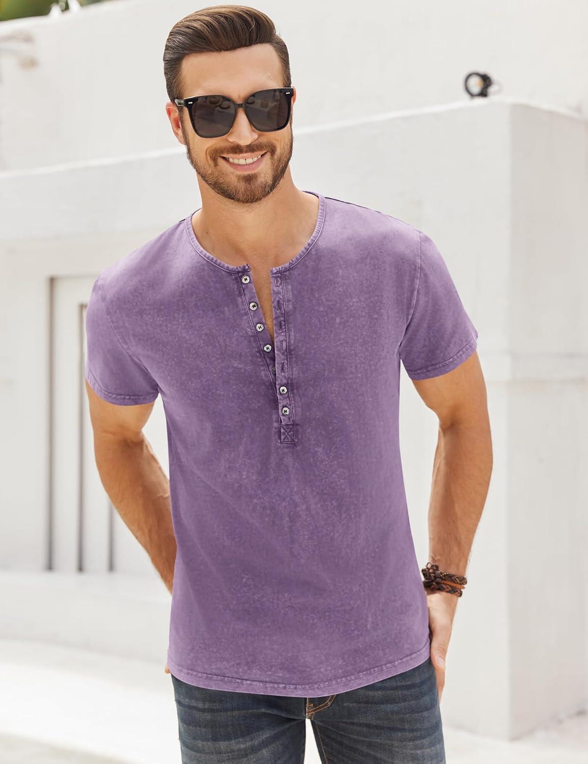 imageMens Distressed Henley Shirts Retro Short Sleeve Tee Shirts Casual Button Down Washed TShirts for Men1purple