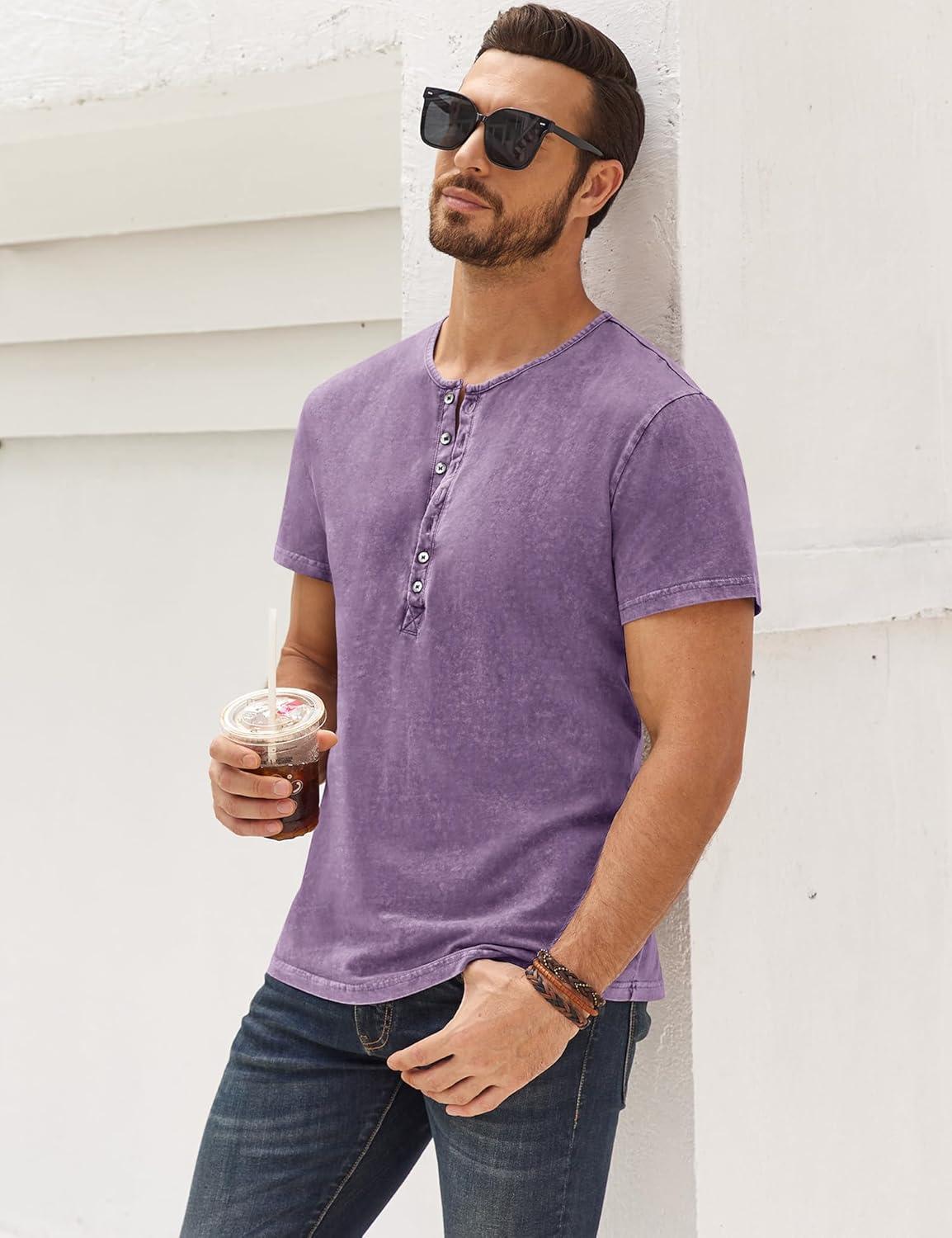 imageMens Distressed Henley Shirts Retro Short Sleeve Tee Shirts Casual Button Down Washed TShirts for Men1purple