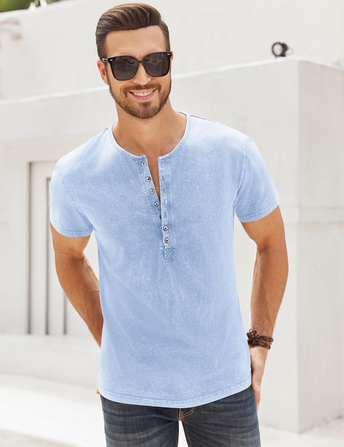 imageMens Distressed Henley Shirts Retro Short Sleeve Tee Shirts Casual Button Down Washed TShirts for Men1sky Blue
