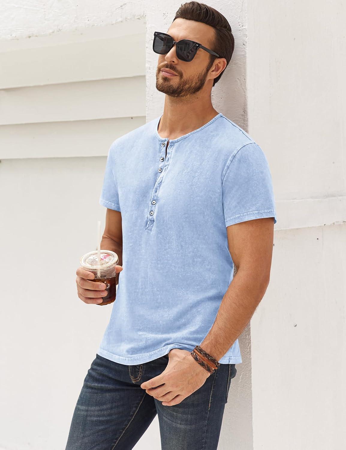 imageMens Distressed Henley Shirts Retro Short Sleeve Tee Shirts Casual Button Down Washed TShirts for Men1sky Blue