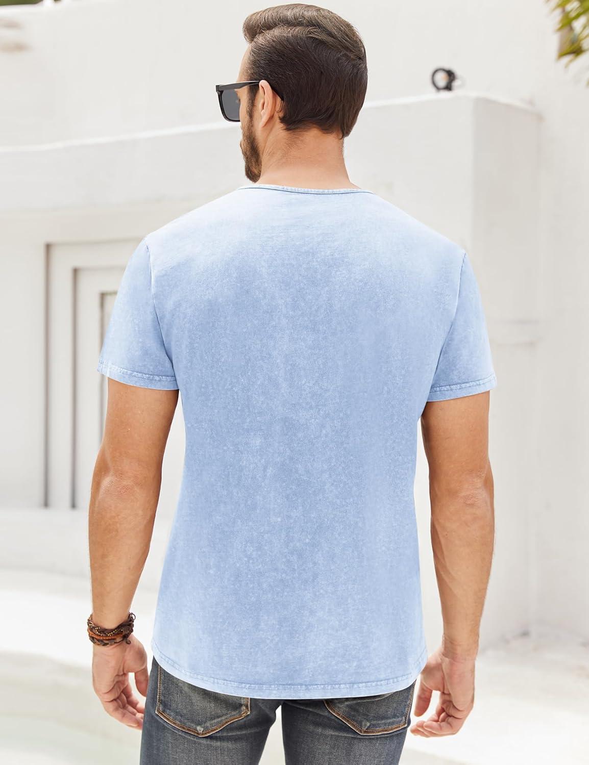 imageMens Distressed Henley Shirts Retro Short Sleeve Tee Shirts Casual Button Down Washed TShirts for Men1sky Blue