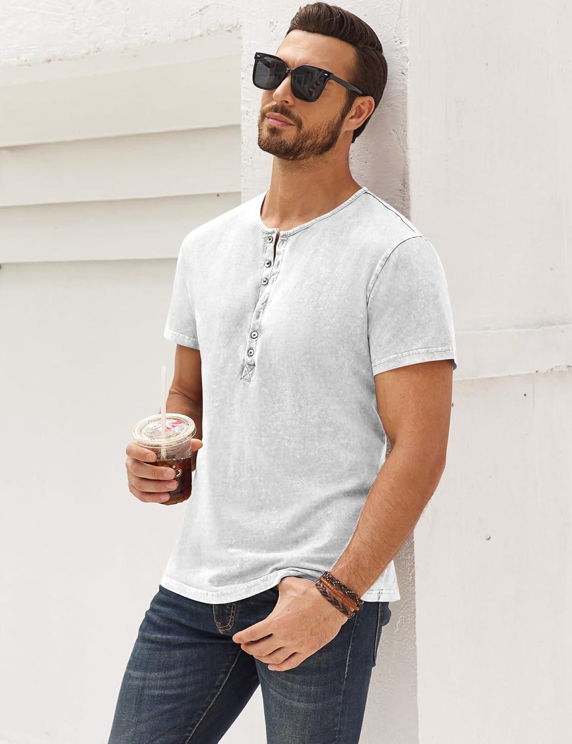 imageMens Distressed Henley Shirts Retro Short Sleeve Tee Shirts Casual Button Down Washed TShirts for Men1white