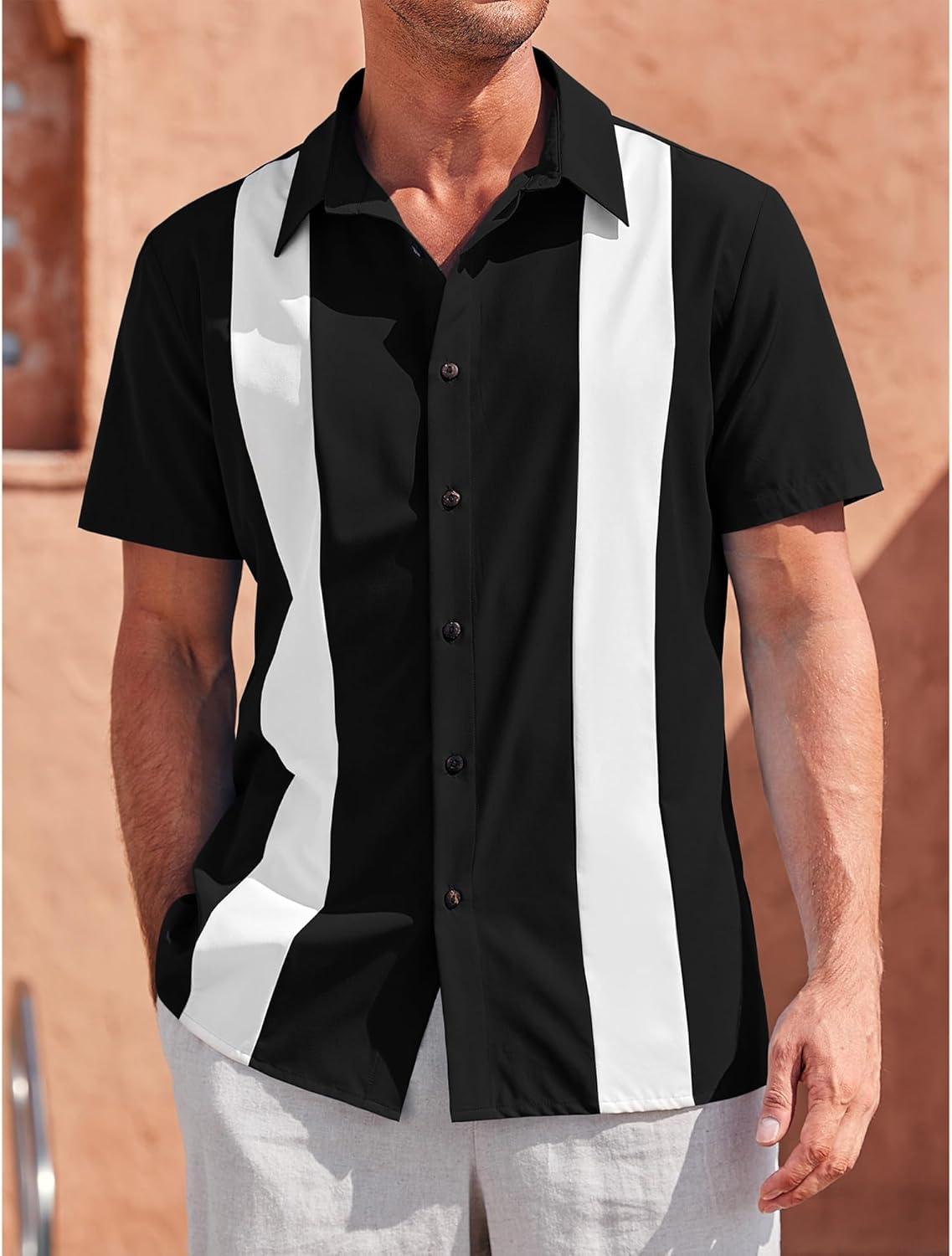 imageMens Vintage Bowling Shirts Short Sleeve Button Down Guayabera Beach Shirts for MenBlack
