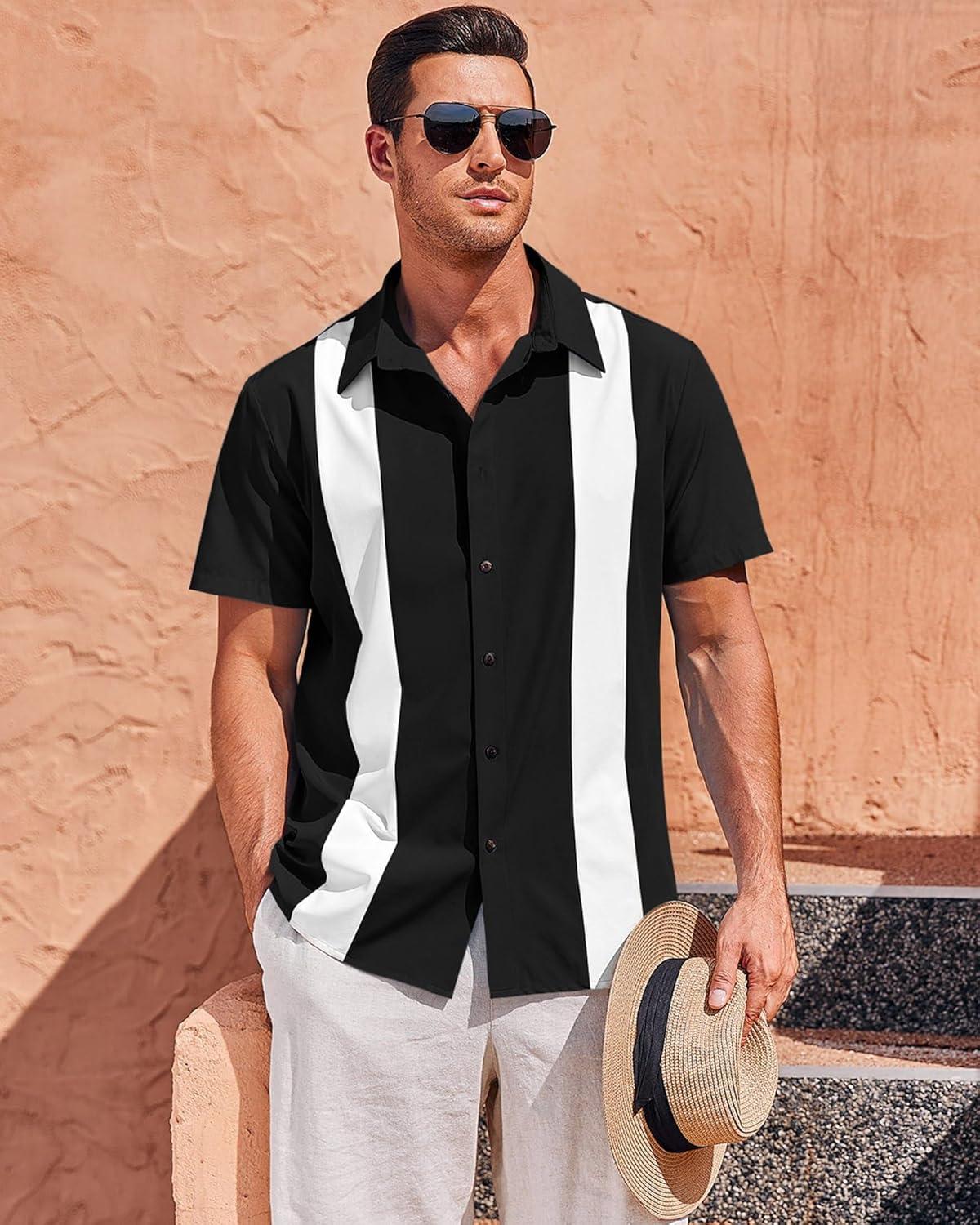 imageMens Vintage Bowling Shirts Short Sleeve Button Down Guayabera Beach Shirts for MenBlack