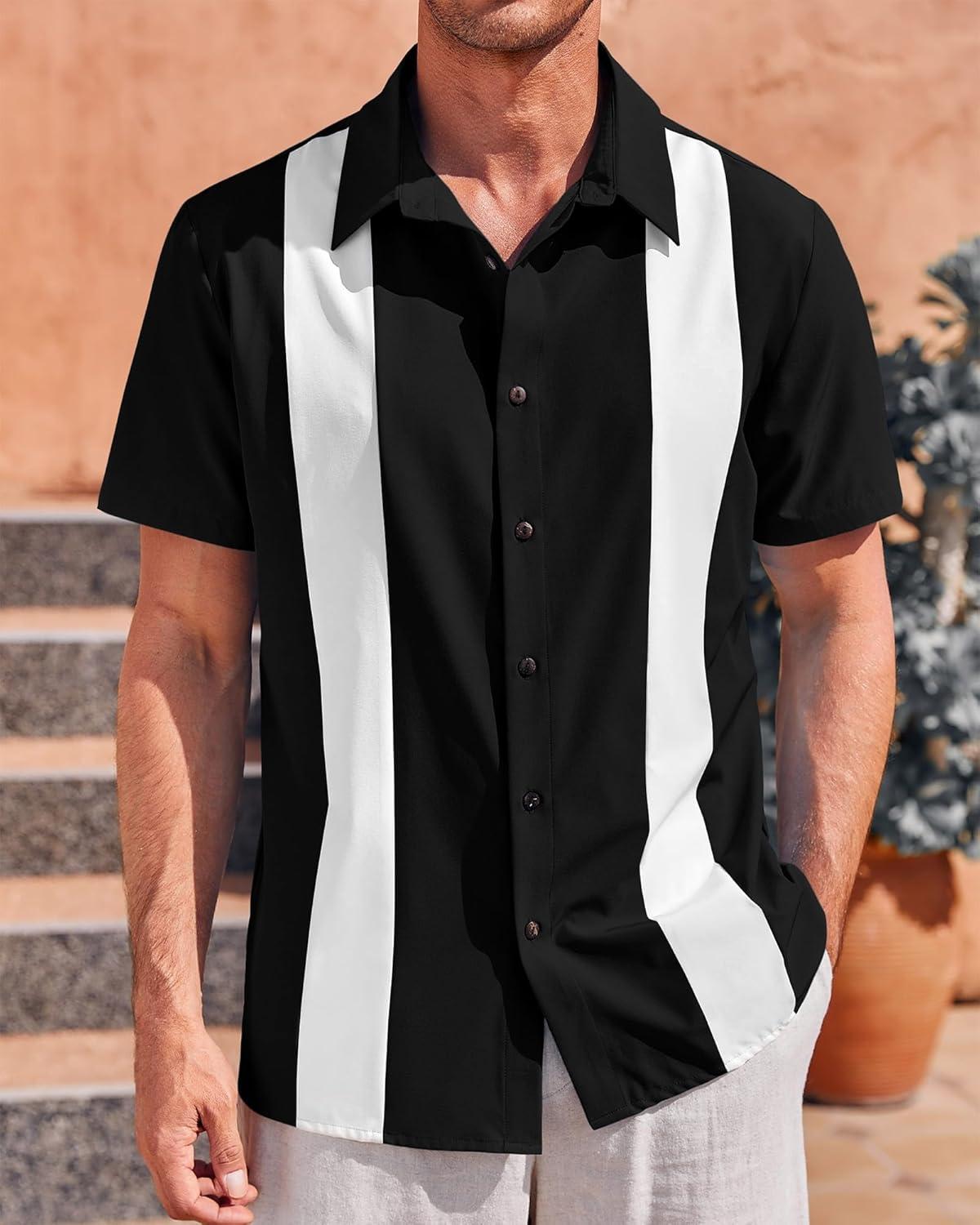 imageMens Vintage Bowling Shirts Short Sleeve Button Down Guayabera Beach Shirts for MenBlack