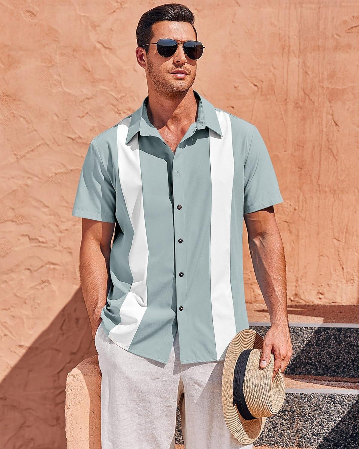 imageMens Vintage Bowling Shirts Short Sleeve Button Down Guayabera Beach Shirts for MenMint Green