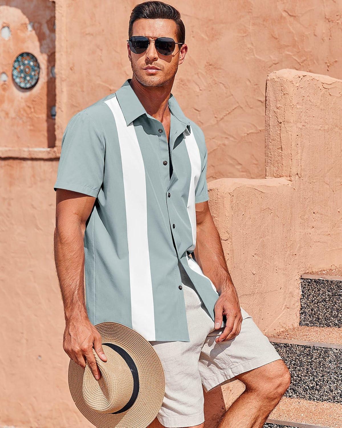 imageMens Vintage Bowling Shirts Short Sleeve Button Down Guayabera Beach Shirts for MenMint Green