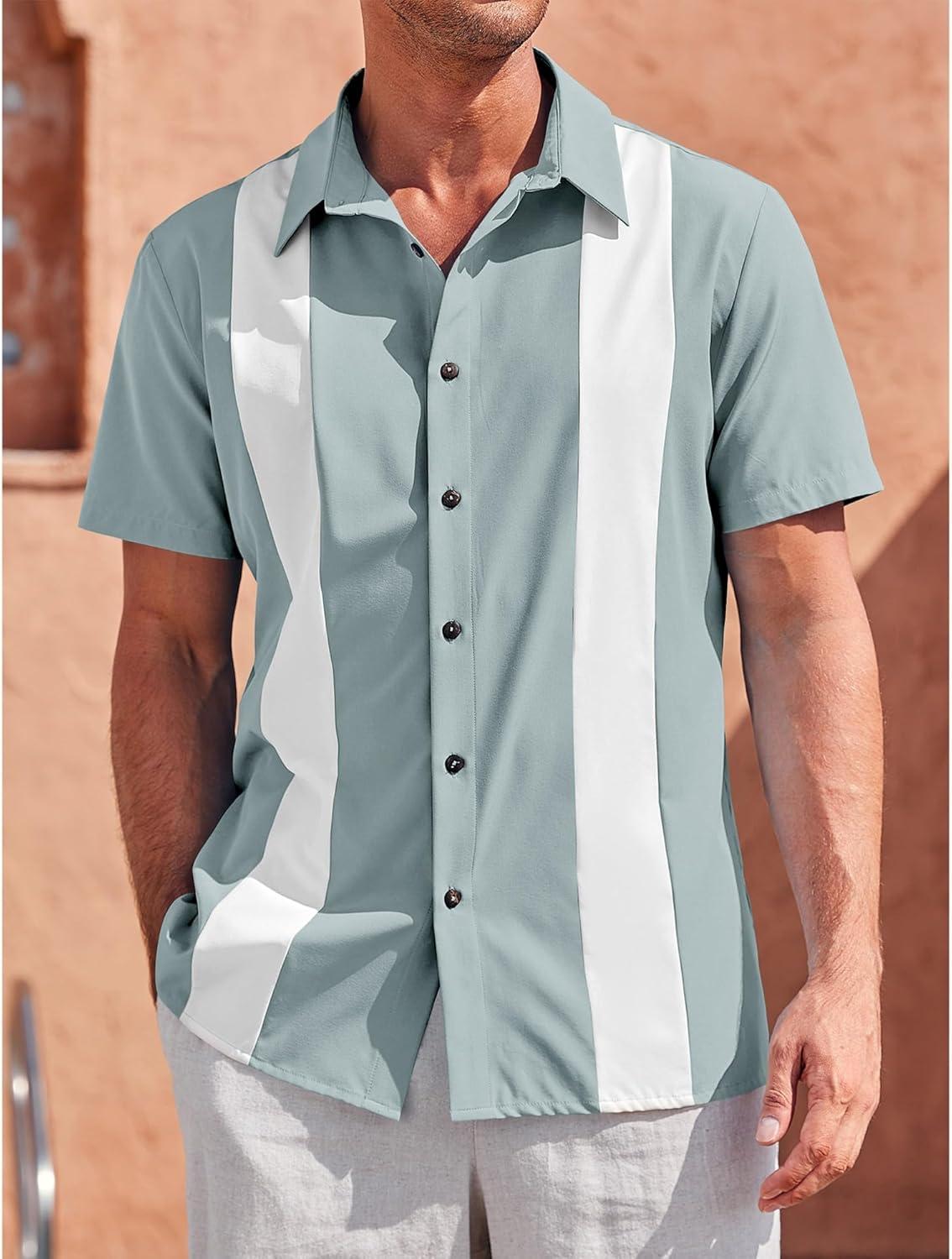 imageMens Vintage Bowling Shirts Short Sleeve Button Down Guayabera Beach Shirts for MenMint Green