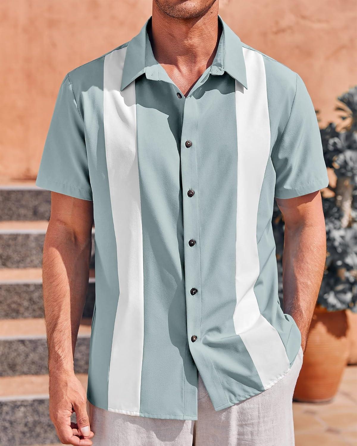 imageMens Vintage Bowling Shirts Short Sleeve Button Down Guayabera Beach Shirts for MenMint Green