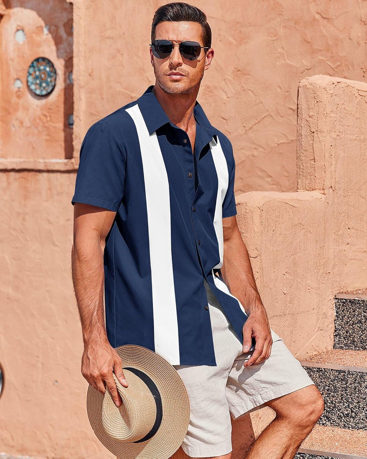 imageMens Vintage Bowling Shirts Short Sleeve Button Down Guayabera Beach Shirts for MenNavy Blue