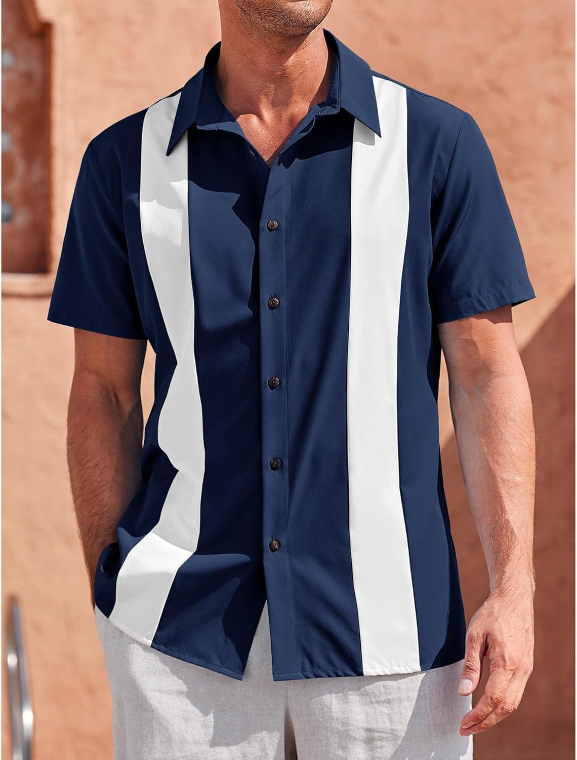 imageMens Vintage Bowling Shirts Short Sleeve Button Down Guayabera Beach Shirts for MenNavy Blue