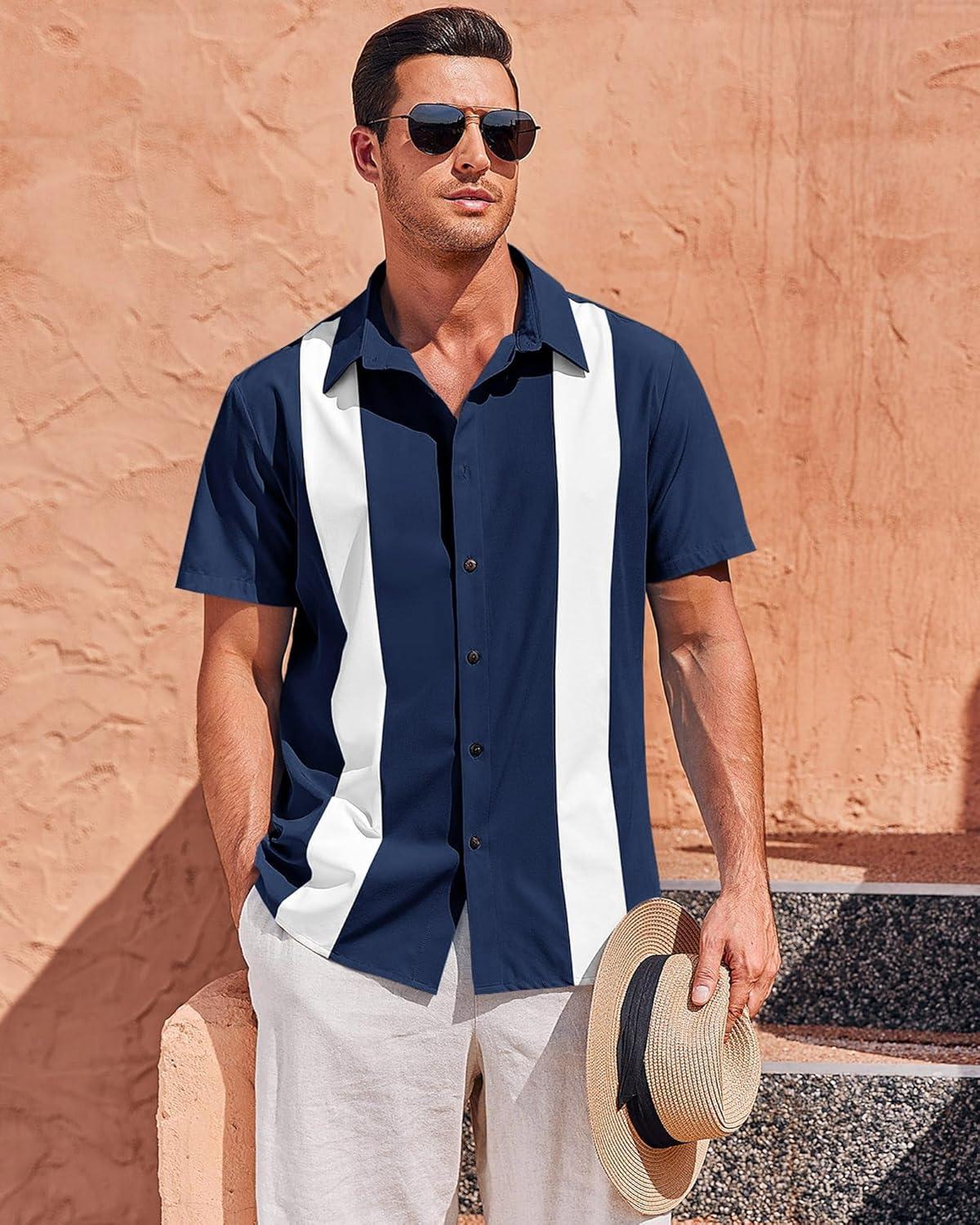 imageMens Vintage Bowling Shirts Short Sleeve Button Down Guayabera Beach Shirts for MenNavy Blue