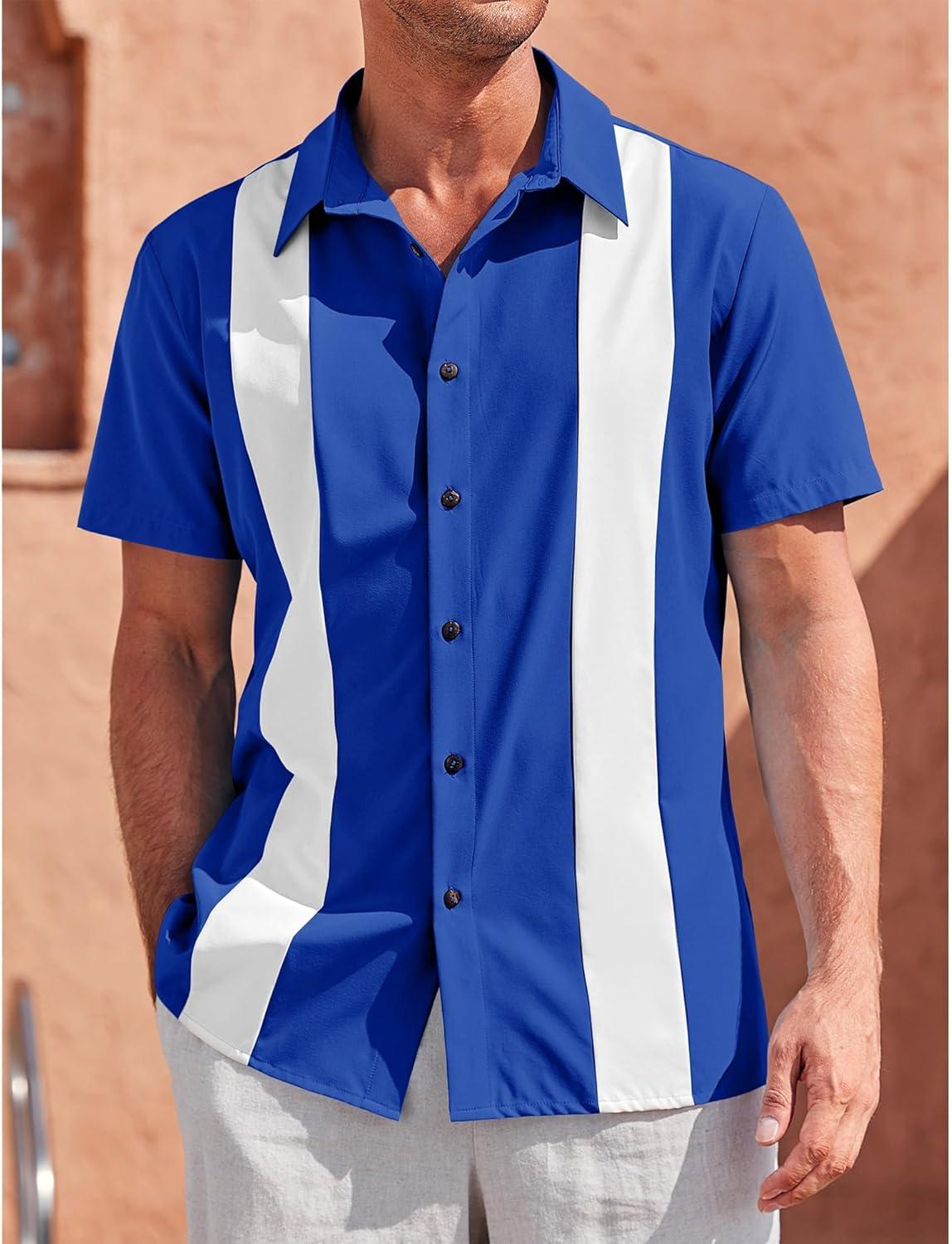 imageMens Vintage Bowling Shirts Short Sleeve Button Down Guayabera Beach Shirts for MenRoyal Blue