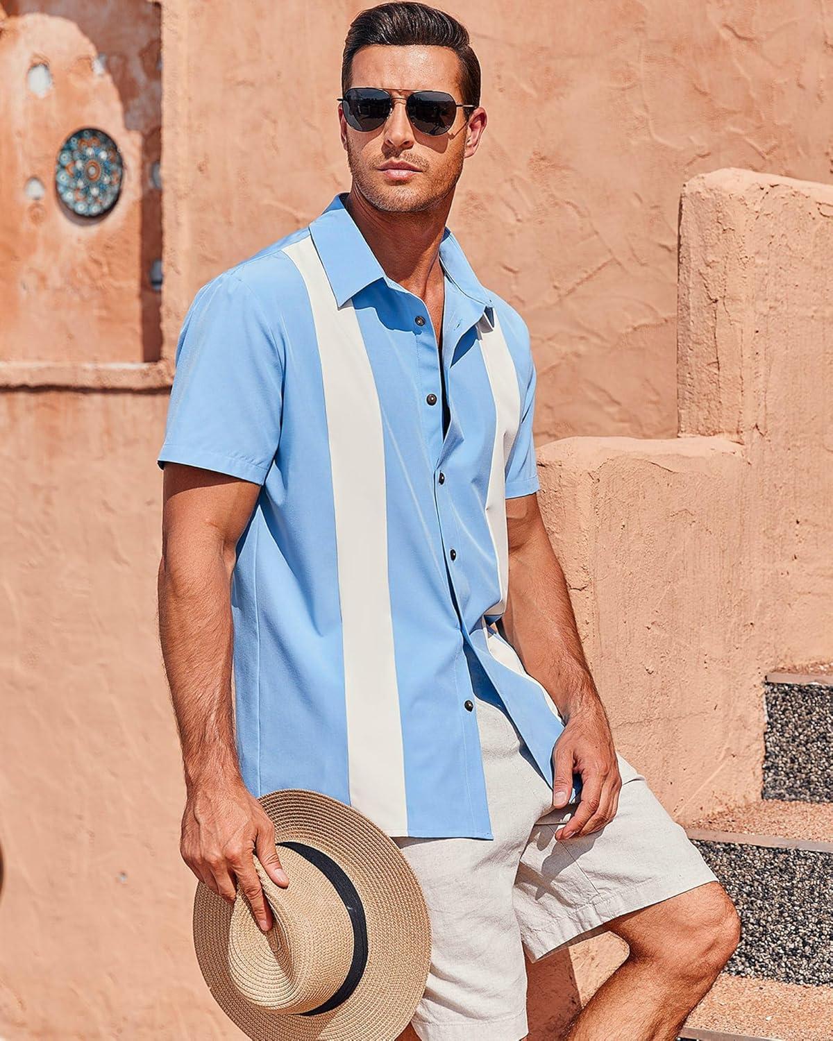 imageMens Vintage Bowling Shirts Short Sleeve Button Down Guayabera Beach Shirts for MenSky Blue