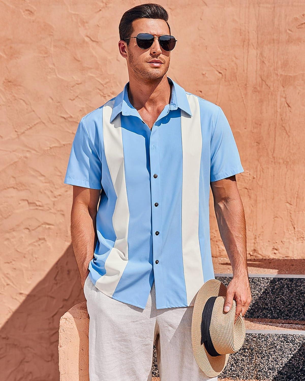 imageMens Vintage Bowling Shirts Short Sleeve Button Down Guayabera Beach Shirts for MenSky Blue