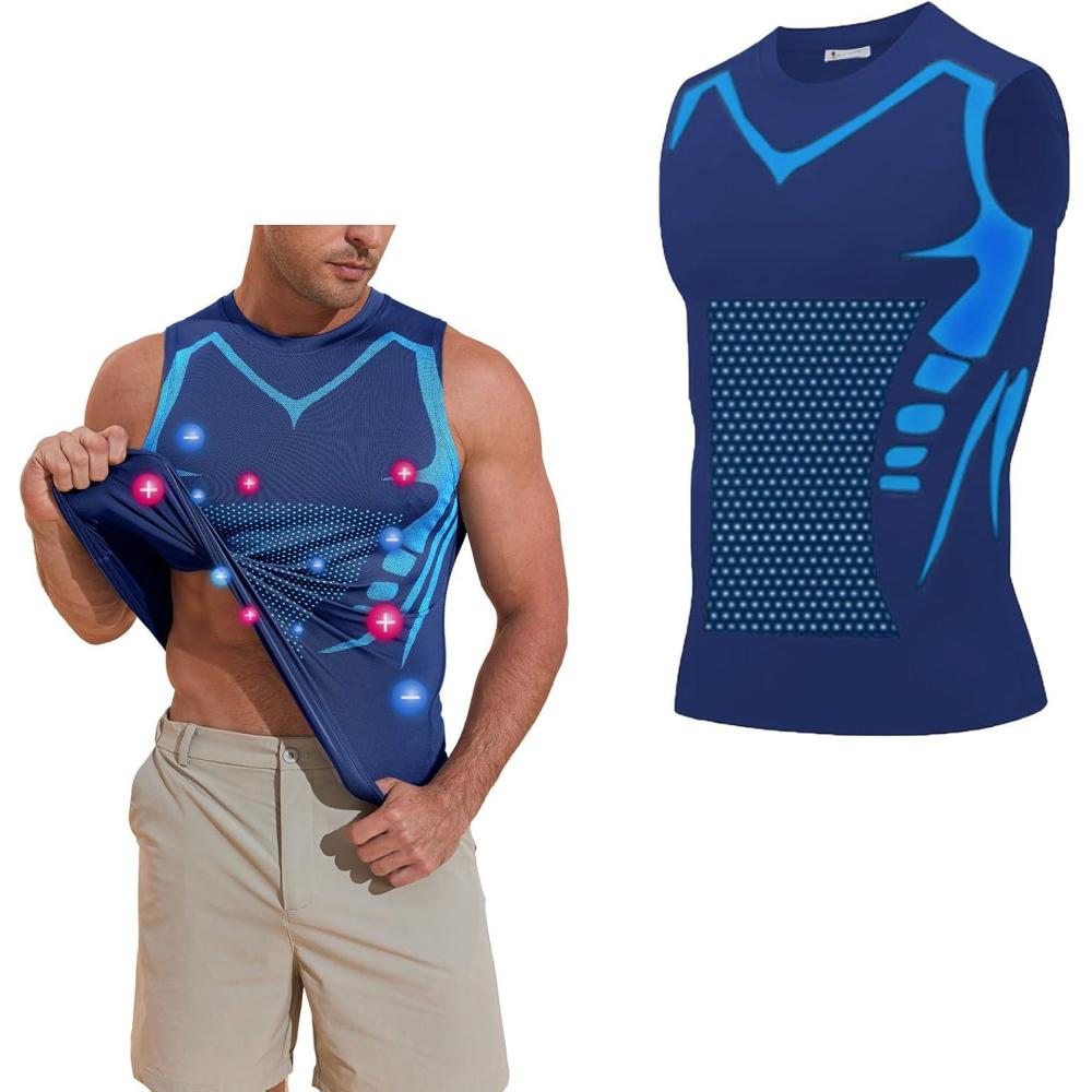 imageBeotyshow Ionic Shaping Sleeveless Shirt Gynecomastia Compression Tank Top Body Shaper Slimming Vest Shapewear UndershirtNavy Blue
