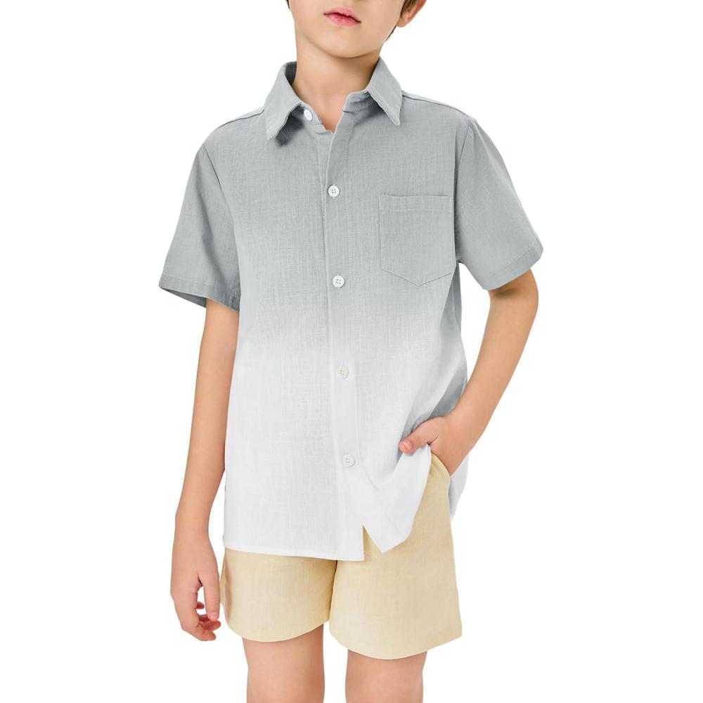 imageBoys Button Down Shirts Gradient Linen Casual Short Sleeve Beach Summer Boy Shirt with Pocket 214 YearsLight Grey01