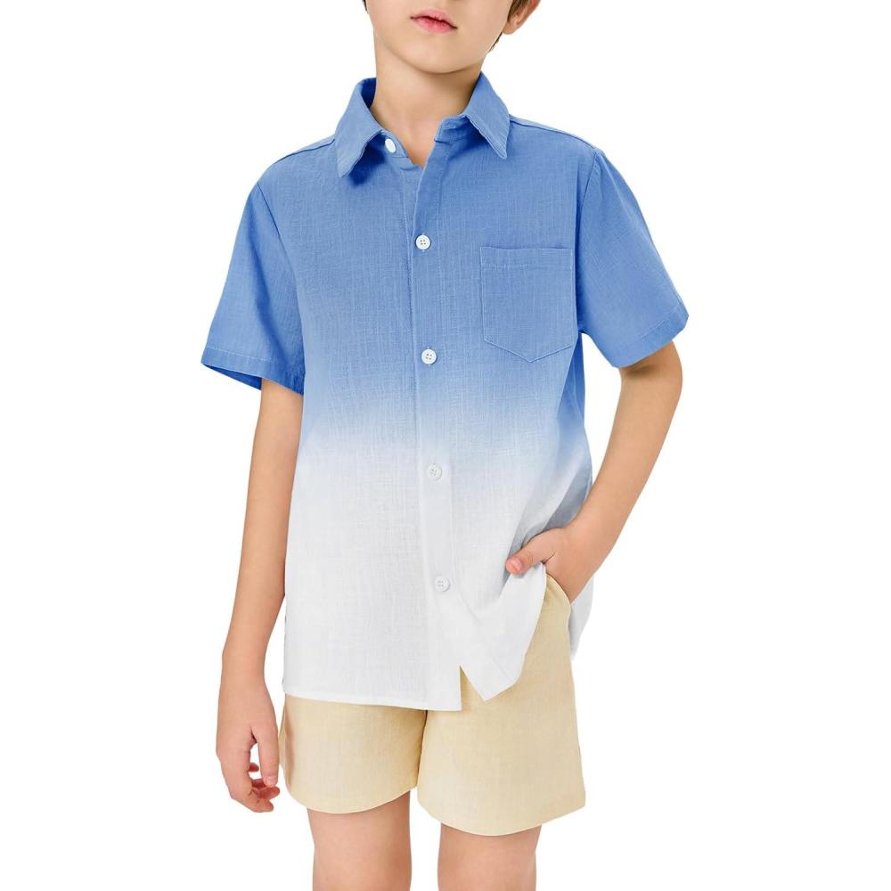 imageBoys Button Down Shirts Gradient Linen Casual Short Sleeve Beach Summer Boy Shirt with Pocket 214 YearsNavy Blue