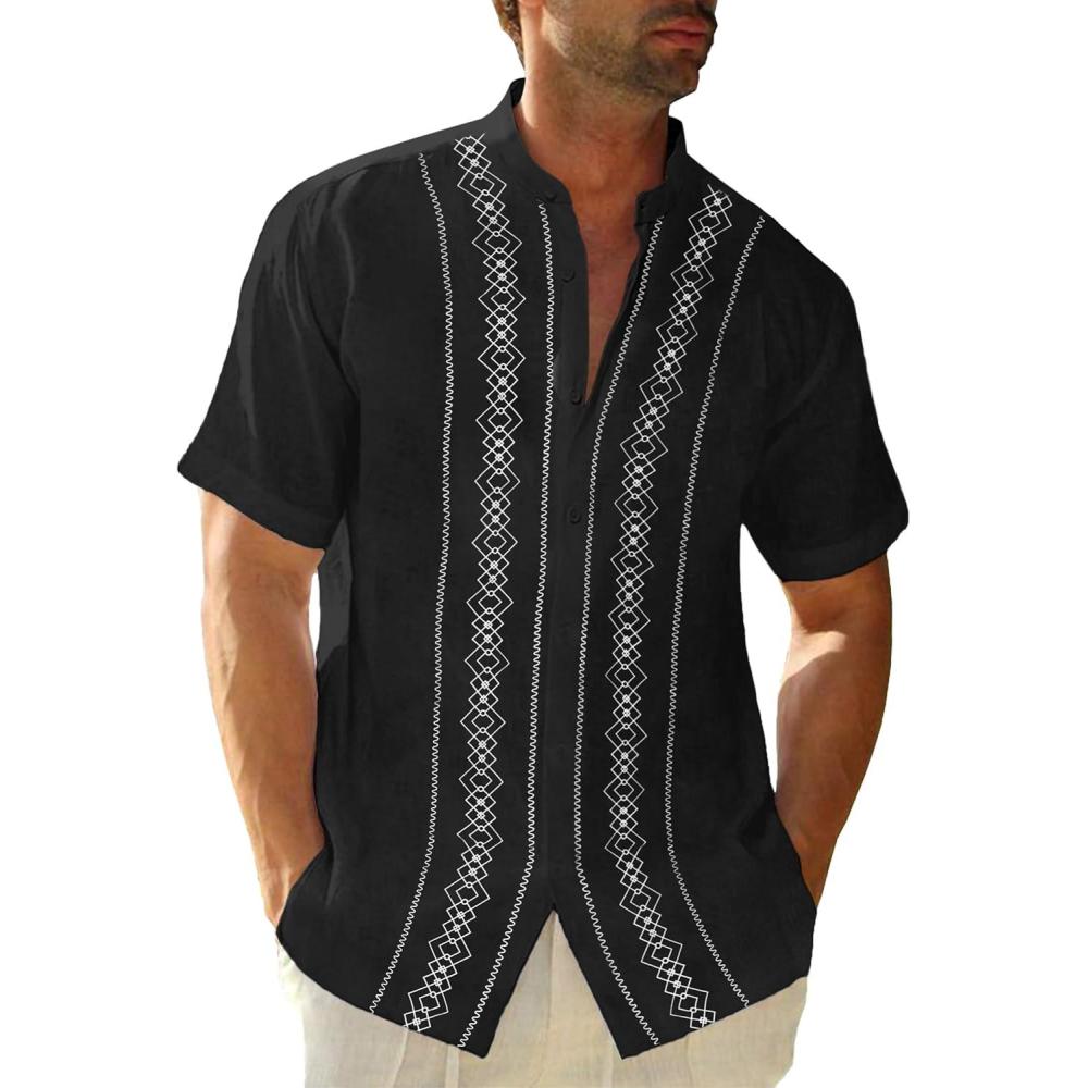 imageCuban Guayabera Shirts for Men Short Sleeve Casual Button Down Shirt Band Collar Beach Camp Mexican Shirt1black