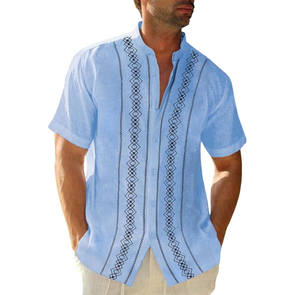 imageCuban Guayabera Shirts for Men Short Sleeve Casual Button Down Shirt Band Collar Beach Camp Mexican ShirtLight Blue