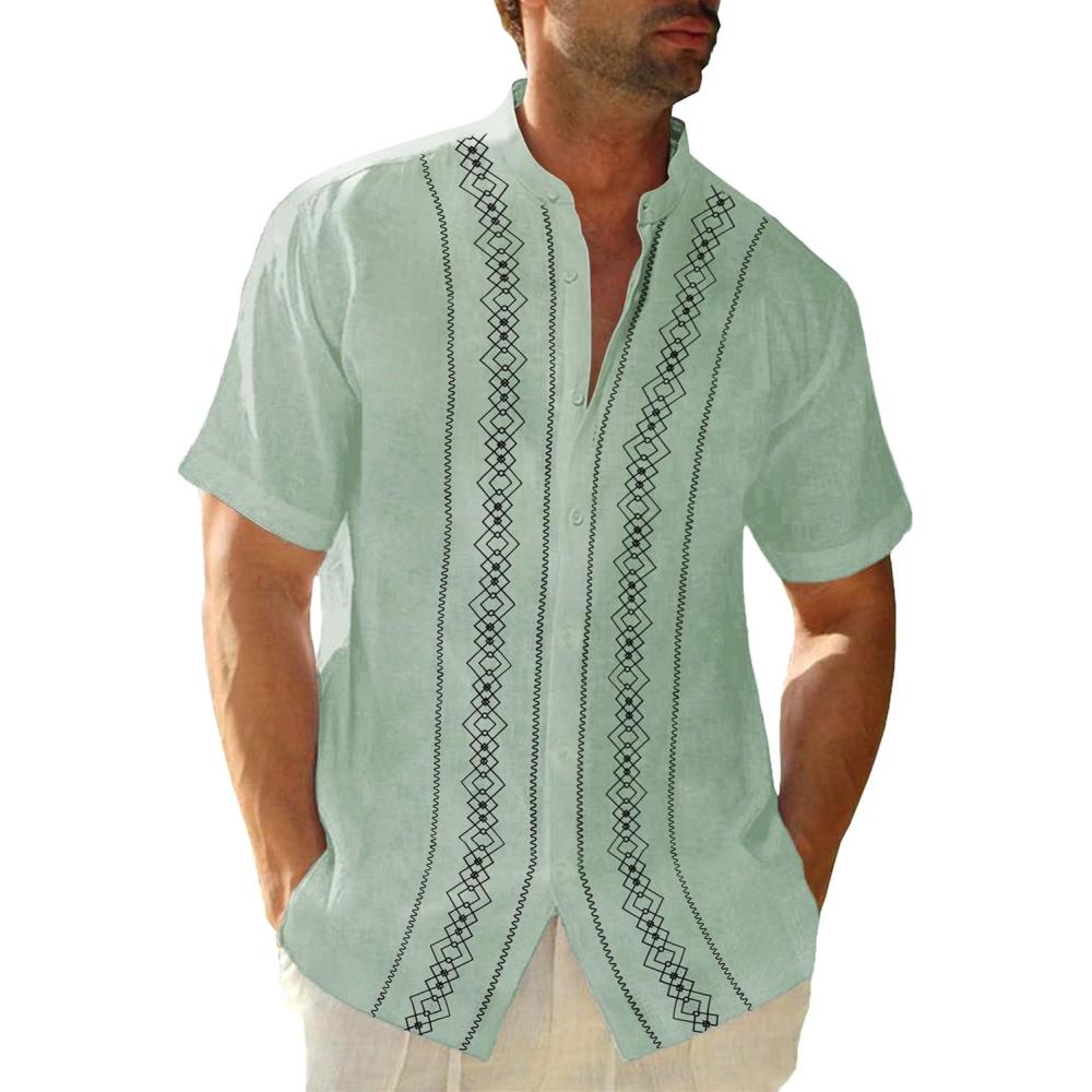 imageCuban Guayabera Shirts for Men Short Sleeve Casual Button Down Shirt Band Collar Beach Camp Mexican ShirtMint Green