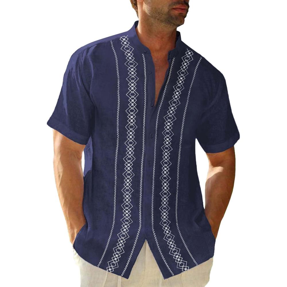 imageCuban Guayabera Shirts for Men Short Sleeve Casual Button Down Shirt Band Collar Beach Camp Mexican ShirtNavy Blue
