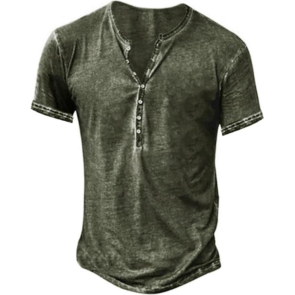 imageMens Distressed Henley Shirts Retro Short Sleeve Tee Shirts Casual Button Down Washed TShirts for Men1army Green
