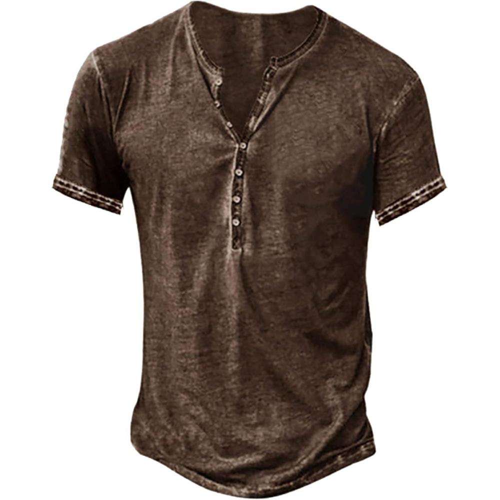 imageMens Distressed Henley Shirts Retro Short Sleeve Tee Shirts Casual Button Down Washed TShirts for Men1brown