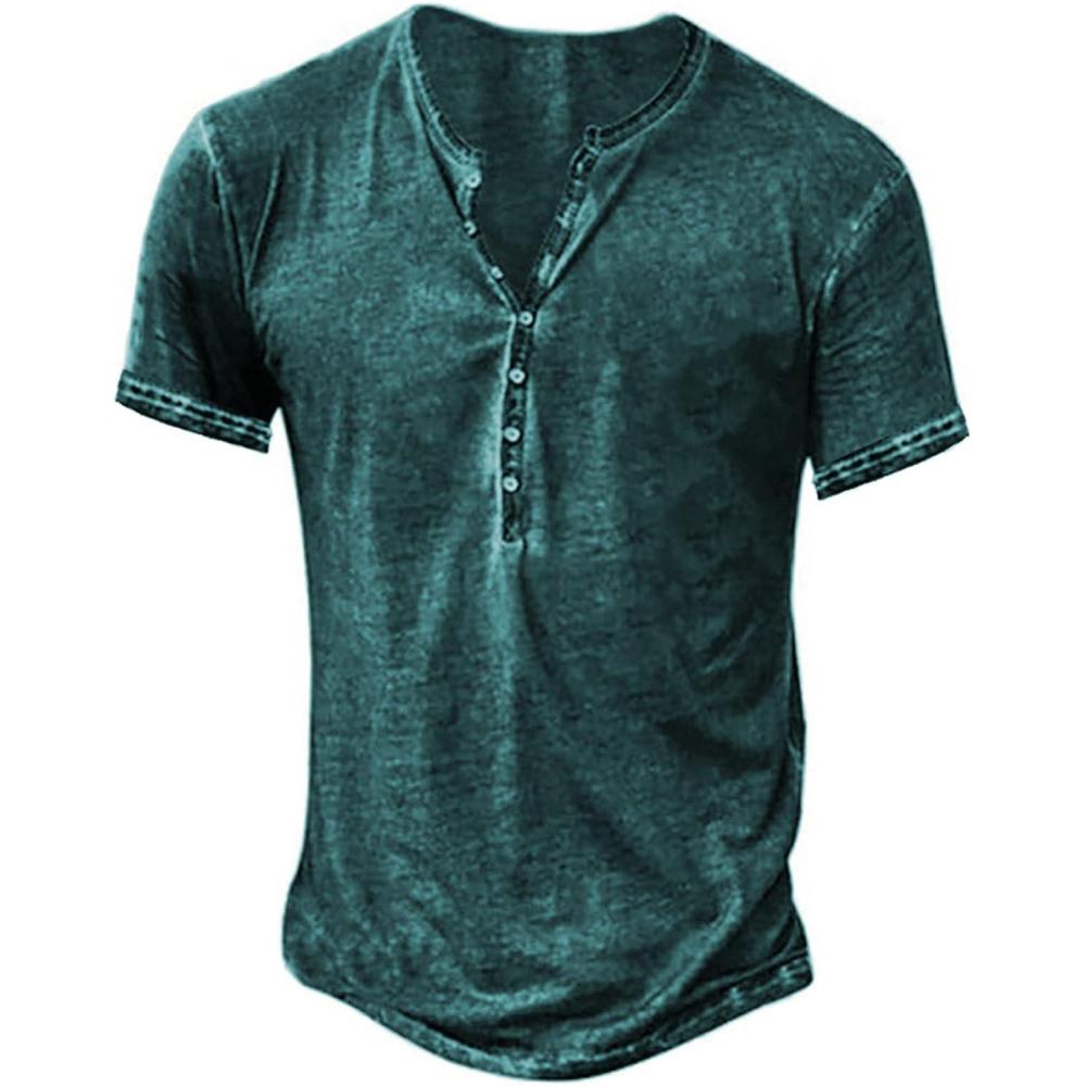 imageMens Distressed Henley Shirts Retro Short Sleeve Tee Shirts Casual Button Down Washed TShirts for Men1deep Green