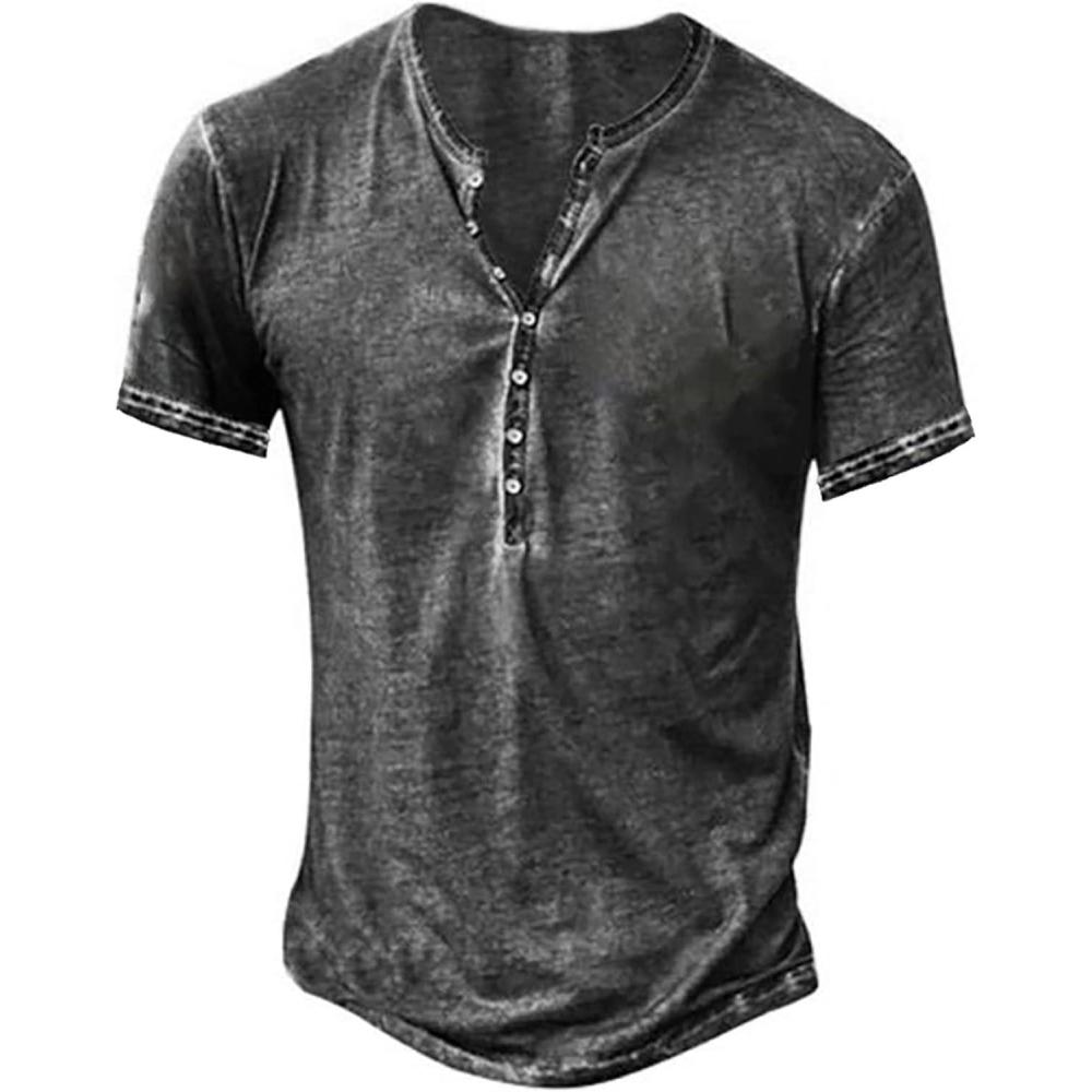 imageMens Distressed Henley Shirts Retro Short Sleeve Tee Shirts Casual Button Down Washed TShirts for Men1grey