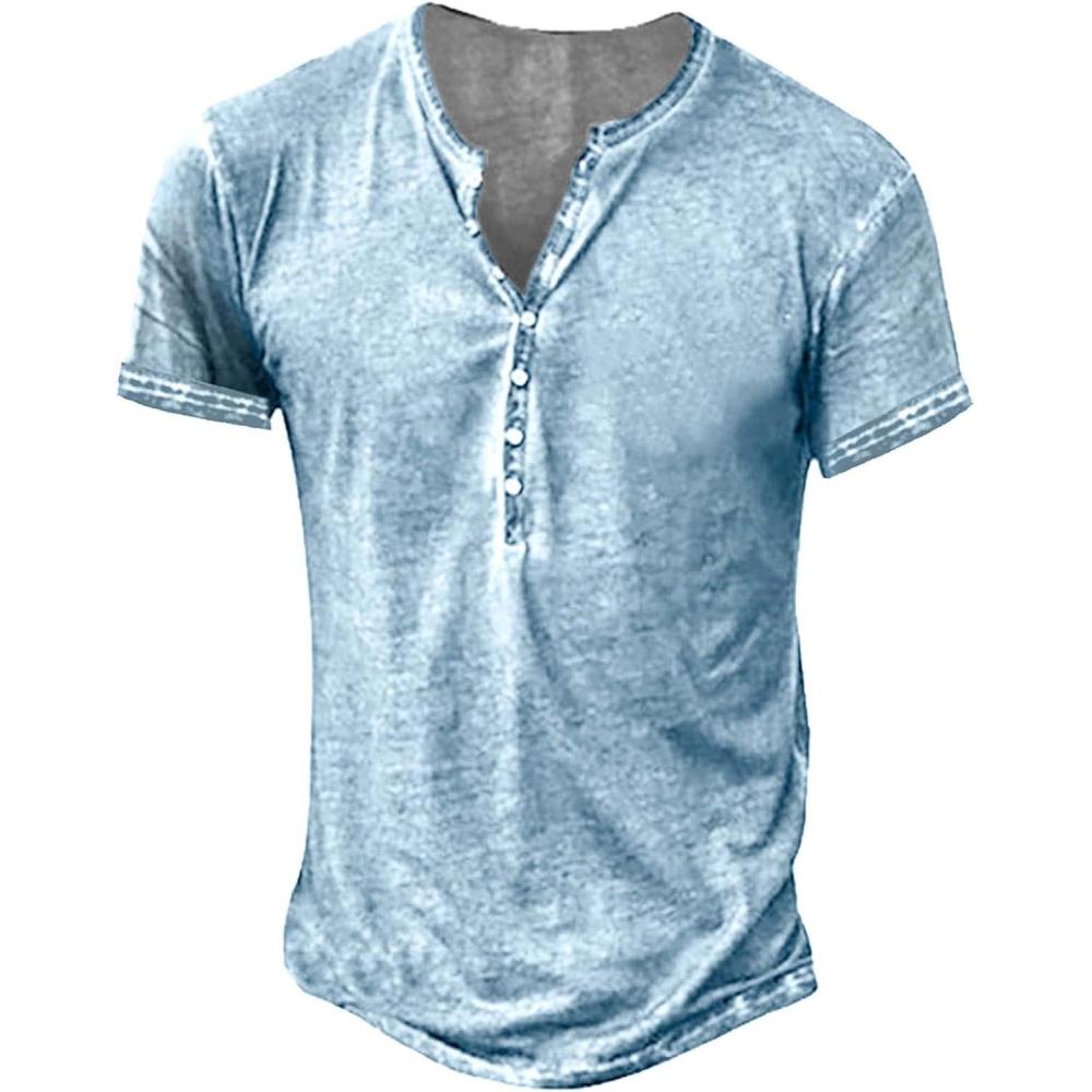 imageMens Distressed Henley Shirts Retro Short Sleeve Tee Shirts Casual Button Down Washed TShirts for Men1sky Blue