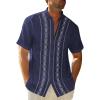 imageCuban Guayabera Shirts for Men Short Sleeve Casual Button Down Shirt Band Collar Beach Camp Mexican ShirtNavy Blue