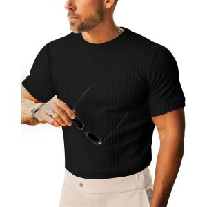 imageBeotyshow Mens Ribbed Knit T Shirts Short Sleeve Crew Neck Slim Fit Stretchy Muscle Shirts Basic Solid Tee TopsBlack