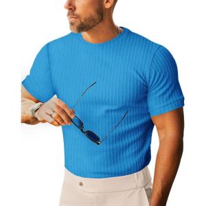 imageBeotyshow Mens Ribbed Knit T Shirts Short Sleeve Crew Neck Slim Fit Stretchy Muscle Shirts Basic Solid Tee TopsBlue
