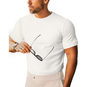 imageBeotyshow Mens Ribbed Knit T Shirts Short Sleeve Crew Neck Slim Fit Stretchy Muscle Shirts Basic Solid Tee TopsCreamywhite