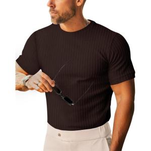 imageBeotyshow Mens Ribbed Knit T Shirts Short Sleeve Crew Neck Slim Fit Stretchy Muscle Shirts Basic Solid Tee TopsDark Brown