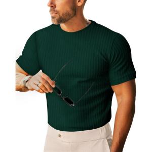 imageBeotyshow Mens Ribbed Knit T Shirts Short Sleeve Crew Neck Slim Fit Stretchy Muscle Shirts Basic Solid Tee TopsDark Green