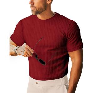 imageBeotyshow Mens Ribbed Knit T Shirts Short Sleeve Crew Neck Slim Fit Stretchy Muscle Shirts Basic Solid Tee TopsDark Red