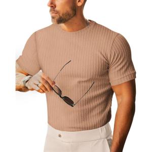 imageBeotyshow Mens Ribbed Knit T Shirts Short Sleeve Crew Neck Slim Fit Stretchy Muscle Shirts Basic Solid Tee TopsKhaki