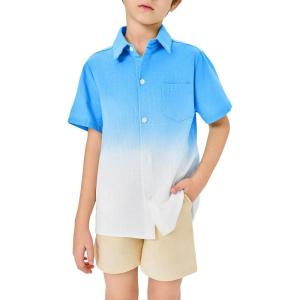 imageBoys Button Down Shirts Gradient Linen Casual Short Sleeve Beach Summer Boy Shirt with Pocket 214 YearsBlue