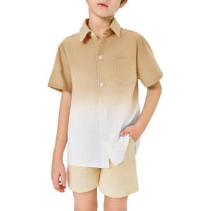 imageBoys Button Down Shirts Gradient Linen Casual Short Sleeve Beach Summer Boy Shirt with Pocket 214 YearsKhaki01