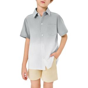 imageBoys Button Down Shirts Gradient Linen Casual Short Sleeve Beach Summer Boy Shirt with Pocket 214 YearsLight Grey01