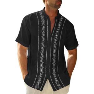 imageCuban Guayabera Shirts for Men Short Sleeve Casual Button Down Shirt Band Collar Beach Camp Mexican Shirt1black