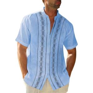 imageCuban Guayabera Shirts for Men Short Sleeve Casual Button Down Shirt Band Collar Beach Camp Mexican ShirtLight Blue