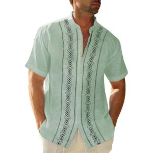 imageCuban Guayabera Shirts for Men Short Sleeve Casual Button Down Shirt Band Collar Beach Camp Mexican ShirtMint Green