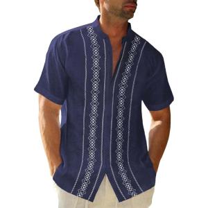 imageCuban Guayabera Shirts for Men Short Sleeve Casual Button Down Shirt Band Collar Beach Camp Mexican ShirtNavy Blue