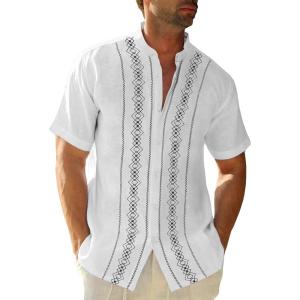 imageCuban Guayabera Shirts for Men Short Sleeve Casual Button Down Shirt Band Collar Beach Camp Mexican ShirtWhite
