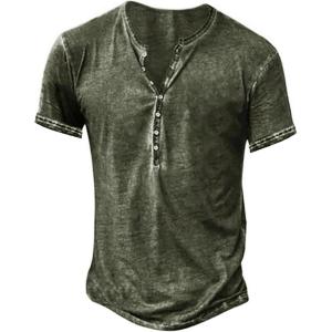 imageMens Distressed Henley Shirts Retro Short Sleeve Tee Shirts Casual Button Down Washed TShirts for Men1army Green