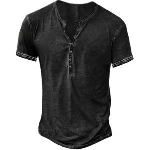 imageMens Distressed Henley Shirts Retro Short Sleeve Tee Shirts Casual Button Down Washed TShirts for Men1black