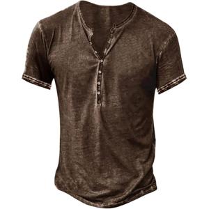 imageMens Distressed Henley Shirts Retro Short Sleeve Tee Shirts Casual Button Down Washed TShirts for Men1brown